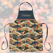 レトロ日本のティール(緑がかった色)フローラ着物着プリントモノグラム エプロン