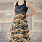 レトロ日本のティール(緑がかった色)フローラ着物着プリントモノグラム エプロン