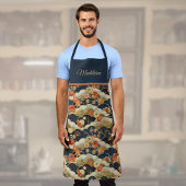 レトロ日本のティール(緑がかった色)フローラ着物着プリントモノグラム エプロン