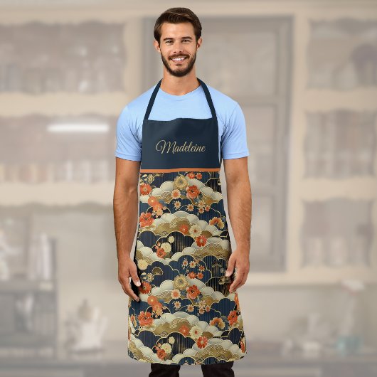 レトロ日本のティール(緑がかった色)フローラ着物着プリントモノグラム エプロン