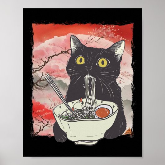 レトロ日本の猫食べラーメンおもしろい麺 ポスター (正面)