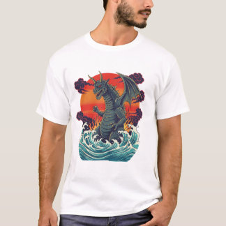 レトロ日本モンスター大波サンセット Tシャツ