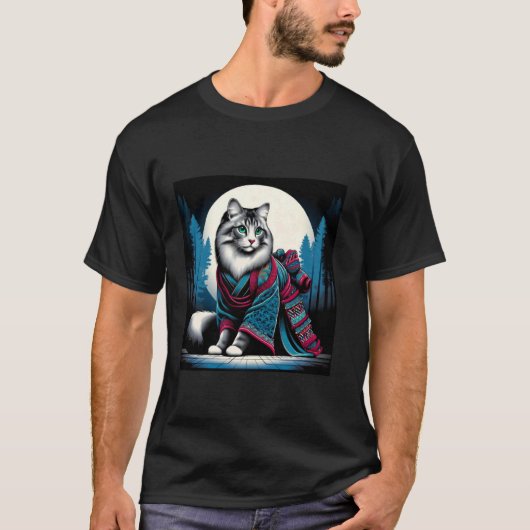 レトロ日本侍女性猫戦士Tシャツ Tシャツ (正面)