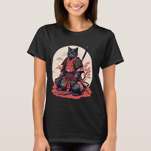 レトロ日本風サムライ猫戦士Tシャツ Tシャツ (正面)