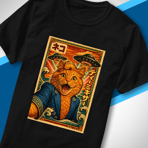 レトロ日本UFOエイリアン おもしろかわいい猫の肖像画 Tシャツ