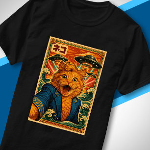 レトロ日本UFO猫肖像画 エイリアンエンカウンター Tシャツ