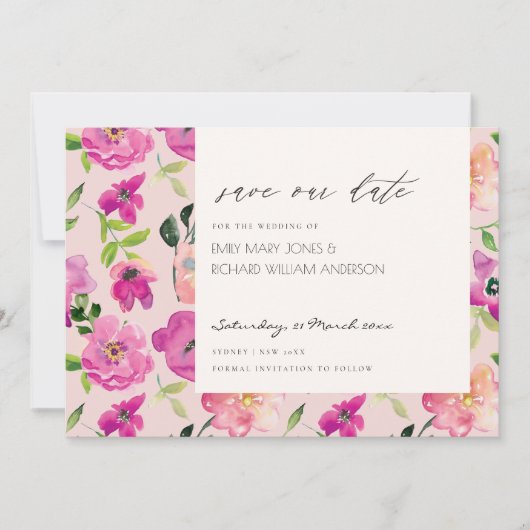 レトロ明るいピンクの水の色のフローラ日付を保存 招待状 (正面)