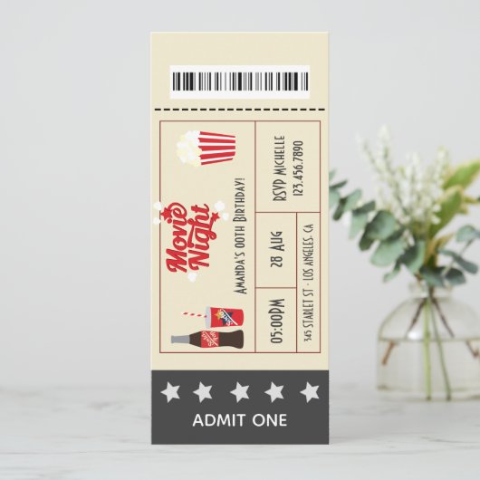 レトロ映画の夜の誕生日パーティーのチケット追加の写真 招待状 (スタンド正面)
