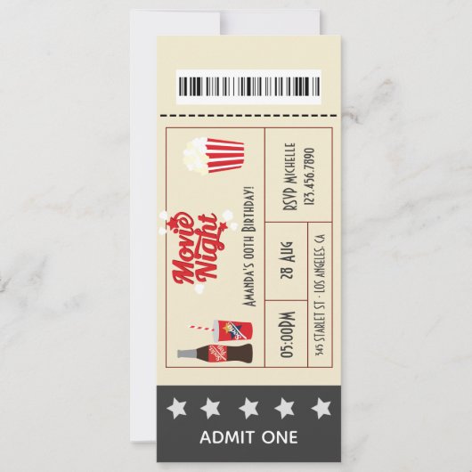 レトロ映画の夜の誕生日パーティーのチケット追加の写真 招待状 (正面)