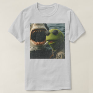 レトロ映画風カエル+サメ ダークユーモアTシャツ Tシャツ