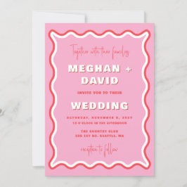 レトロ曲線の波状ピンク赤い写真結婚の 招待状