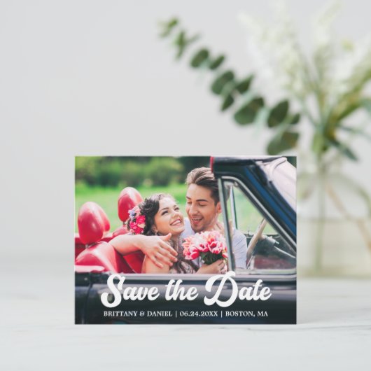 レトロ書道スクリプト写真の保存日付 ポストカード (スタンド正面)