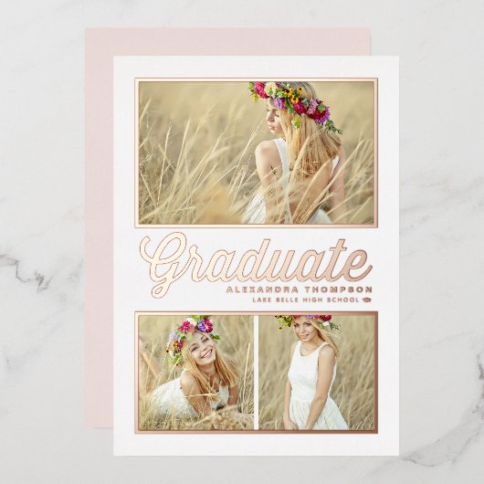 レトロ書道写真コラージュ卒業バラ 箔招待状 (正面/裏面)