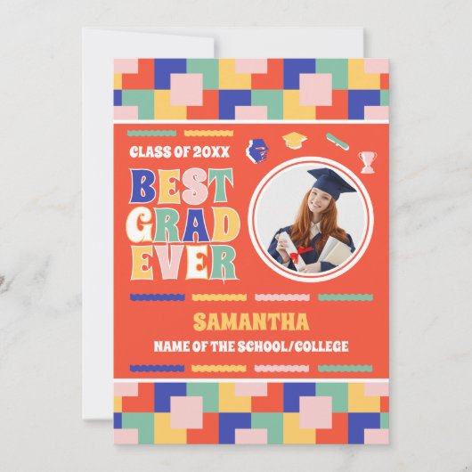 レトロ最高の卒業エバーフォトレッド卒業 案内状 (正面)