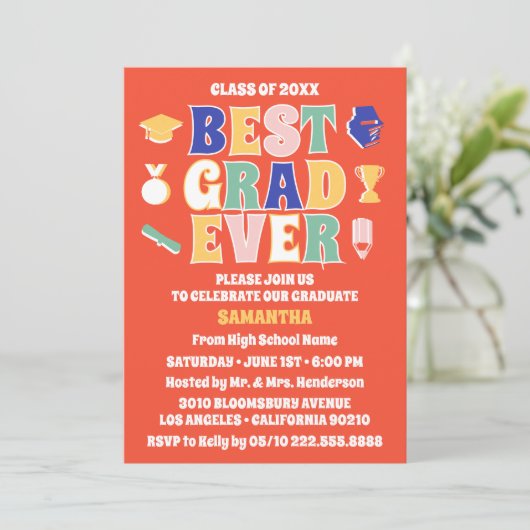 レトロ最高の卒業エバーレッド卒業パーティー 招待状 (スタンド正面)