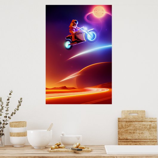 レトロ未来主義，シュールレアリズム美学，宇宙バイクもしくは自転車に乗る人 ポスター (キッチン)