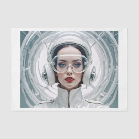 レトロ未来主義、白のサイバーウーマン 薄葉紙 (正面)