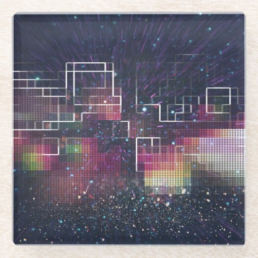 レトロ未来主義：80年代のネオン幾何学模様 ガラスコースター (正面)