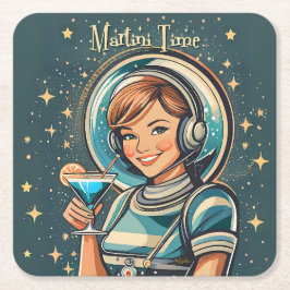 レトロ未来派の宇宙少女マティーニタイム スクエアペーパーコースター