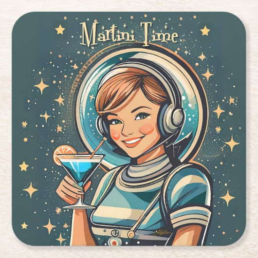 レトロ未来派の宇宙少女マティーニタイム スクエアペーパーコースター (正面)