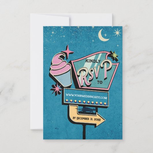 レトロ未来的な結婚式RSVPサイン 出欠カード (正面)