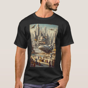 レトロ未来的に賑やかな宇宙港Sci-Fi Tシャツ