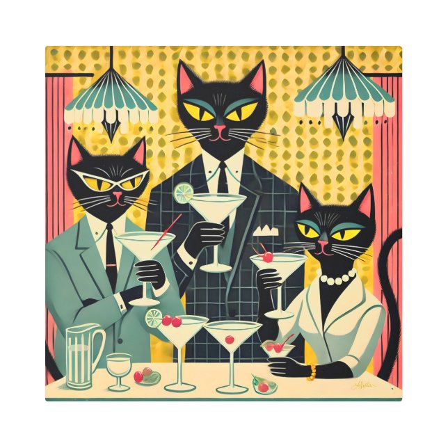 レトロ未来的ブラックキャットマルティニクラブ メタルプリント (正面)