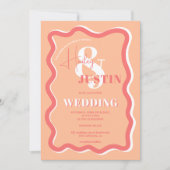 レトロ桃の曲線の結婚波状写真 招待状 (正面)