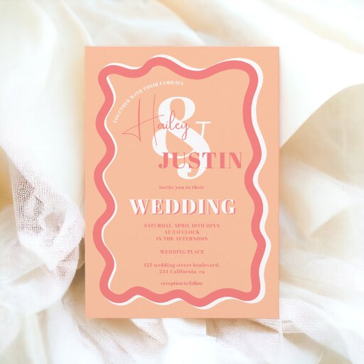 レトロ桃の曲線の結婚波状写真 招待状