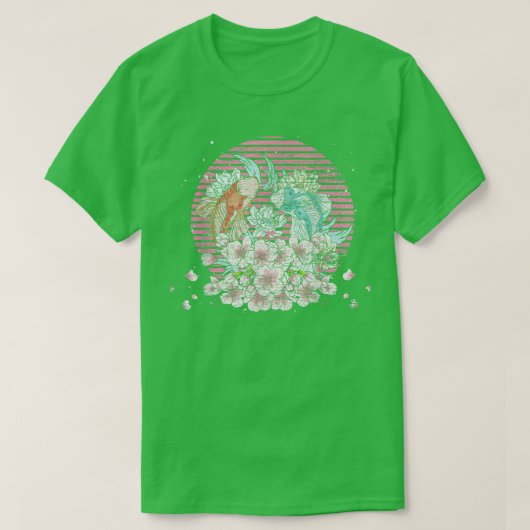 レトロ桜大正三家コイ魚さくらんぼブロッサム Tシャツ (デザイン正面)
