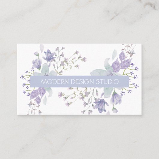 レトロ植物フローラ水色ほこりっぽい青色薄紫 名刺 (正面)