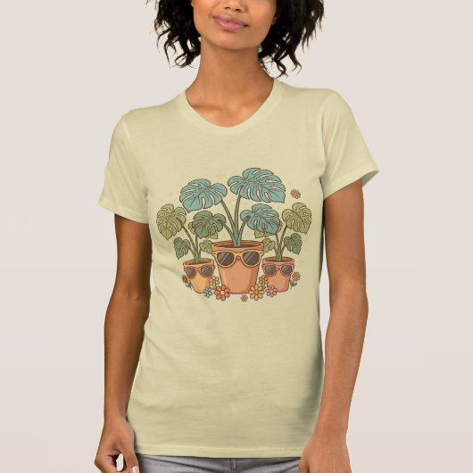 レトロ植物ママ モンステラ植物イラスト Tシャツ (正面)