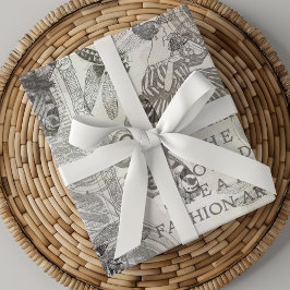 レトロ植物蝶スクリプト白黒 ラッピングペーパーシート