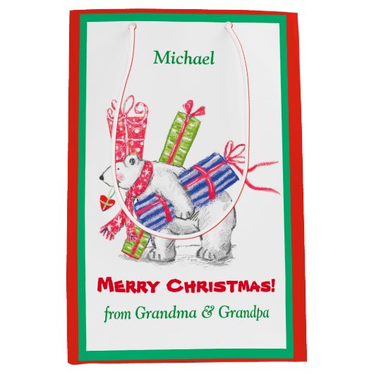 レトロ極軸受クリスマスプレゼントパーソナライズされた ミディアムペーパーバッグ (正面)