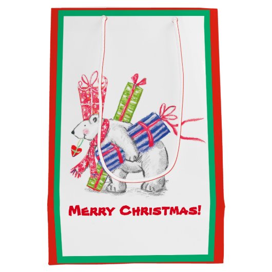 レトロ極軸受クリスマスプレゼントパーソナライズされた ミディアムペーパーバッグ (裏面)