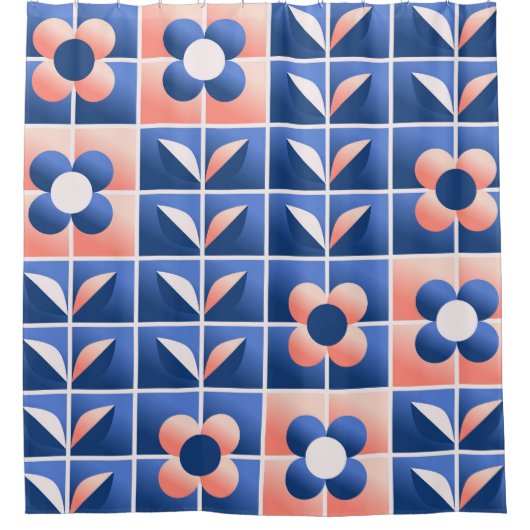 レトロ様式花:モザイクパターン。 シャワーカーテン (正面)