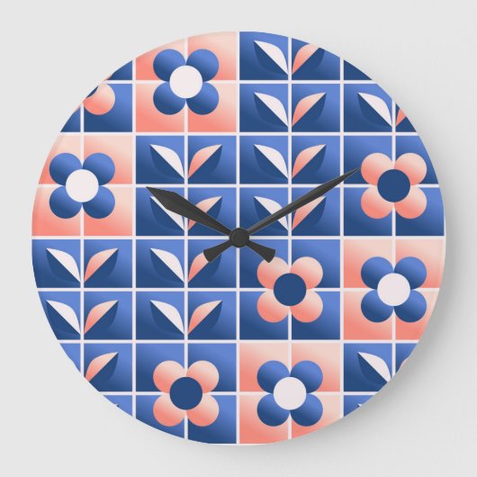レトロ様式花：モザイクパターン。 ラージ壁時計 (正面)