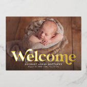 レトロ歓迎ネイビー金ゴールド写真誕生のお知らせ 箔招待状 (正面)