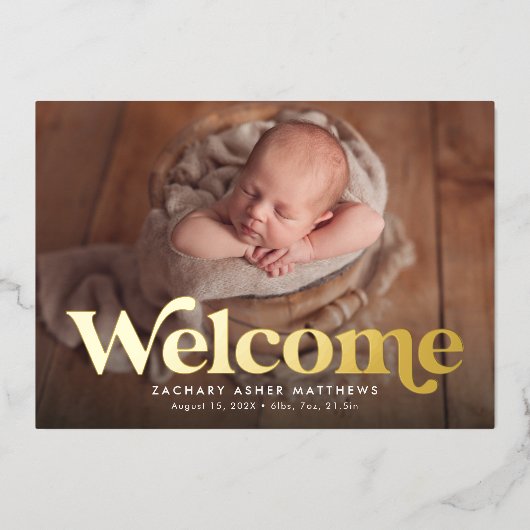 レトロ歓迎ネイビー金ゴールド写真誕生のお知らせ 箔招待状 (正面)