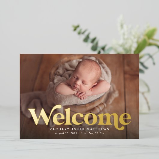 レトロ歓迎ネイビー金ゴールド写真誕生のお知らせ 箔招待状 (立ち正面)