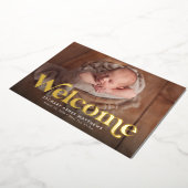 レトロ歓迎ネイビー金ゴールド写真誕生のお知らせ 箔招待状 (回転した状態)