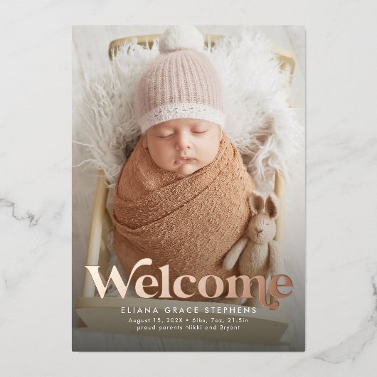 レトロ歓迎バラ金ゴールド写真の誕生発表 箔招待状 (正面)