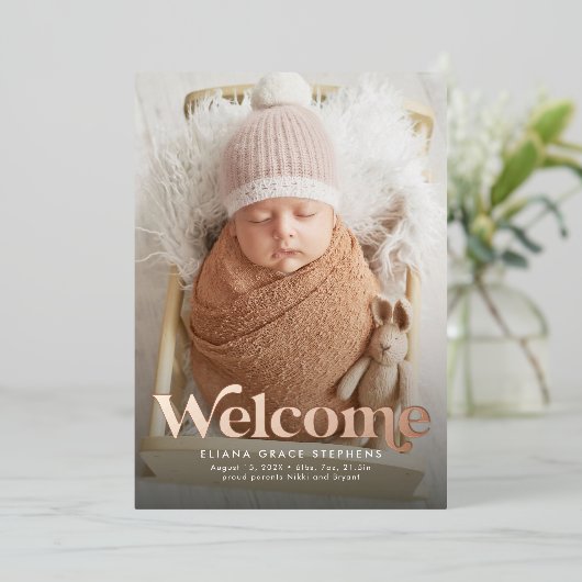 レトロ歓迎バラ金ゴールド写真の誕生発表 箔招待状 (立ち正面)