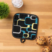 レトロ正方形ブルーイエローグレーブラック背景 鍋敷き (トップダウン)