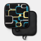 レトロ正方形ブルーイエローグレーブラック背景 鍋敷き (正面/裏面)