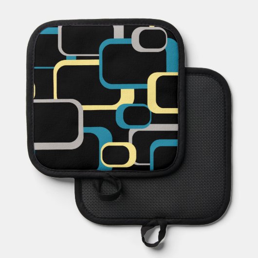 レトロ正方形ブルーイエローグレーブラック背景 鍋敷き (正面/裏面)