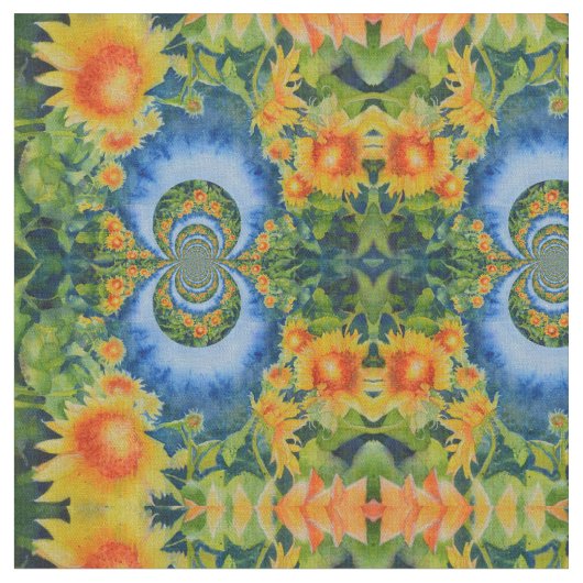 レトロ水彩ひまわり畑 ファブリック (クローズアップ)