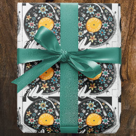 レトロ水彩フローラ誕生日レコード ラッピングペーパー