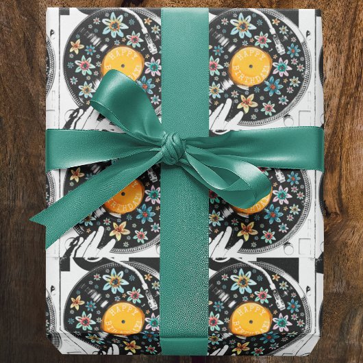 レトロ水彩フローラ誕生日レコード ラッピングペーパー