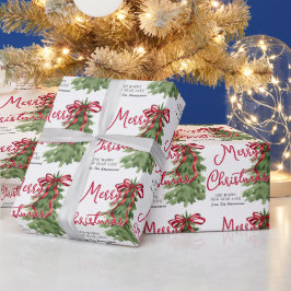 レトロ水彩赤リボンツリー オーダーメイド クリスマス ラッピングペーパー